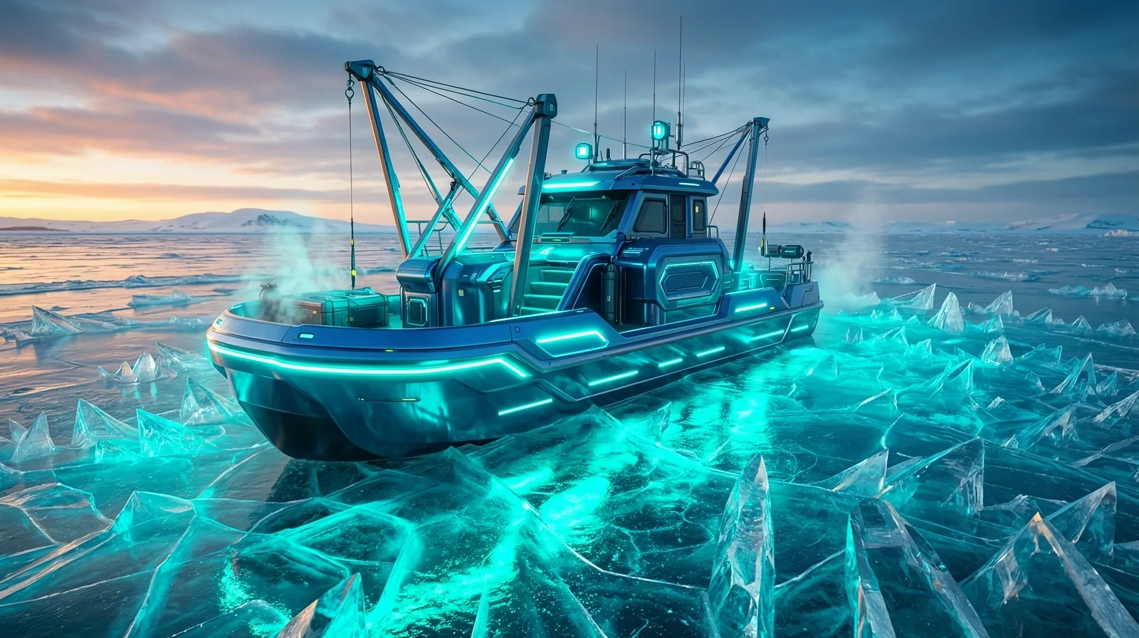 Arctic landscape with neon fishing vessel